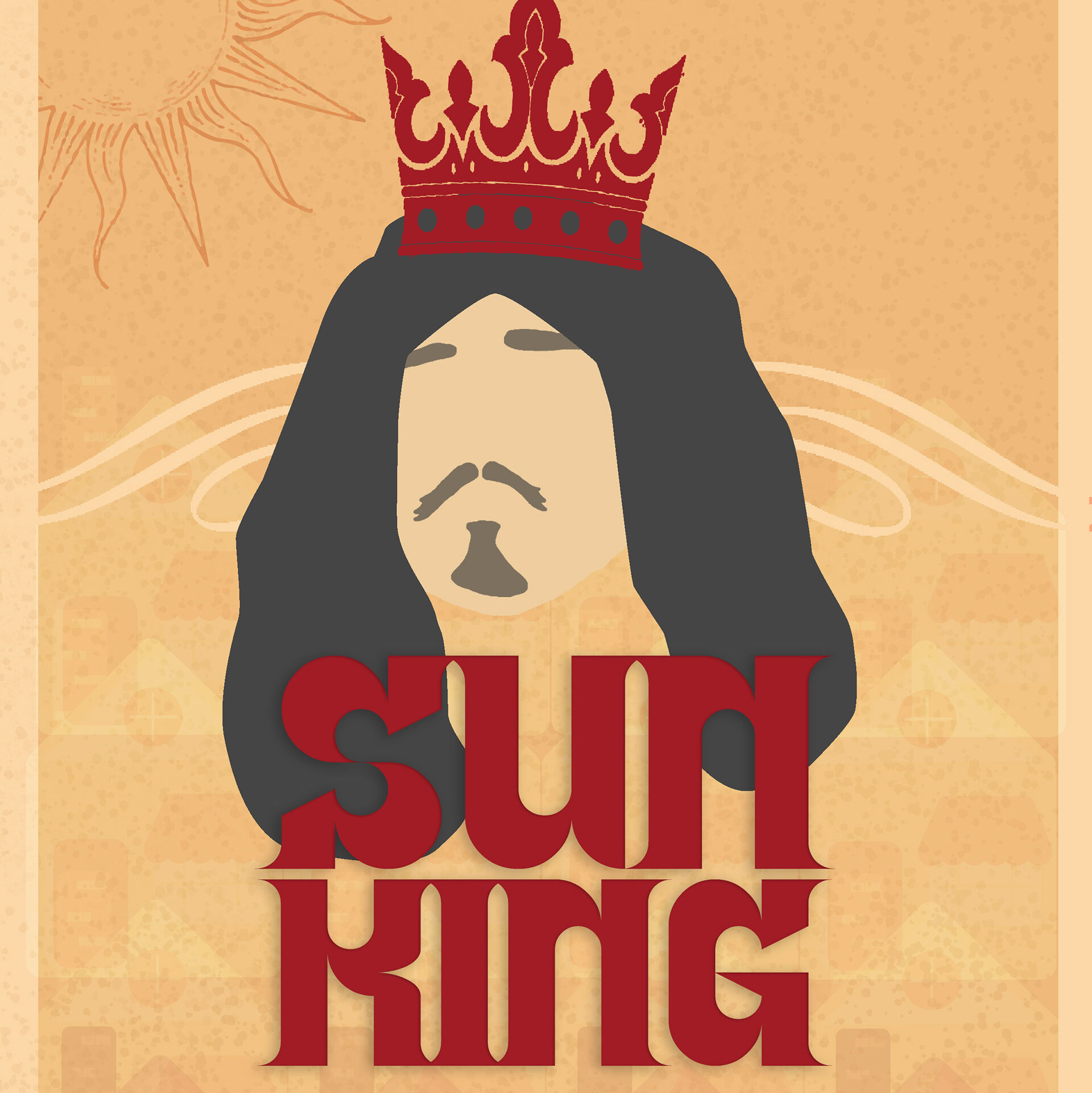 Movie poster for Sun King. Poster includes the portrait of a faceless man with defining hair features behind the movie title.